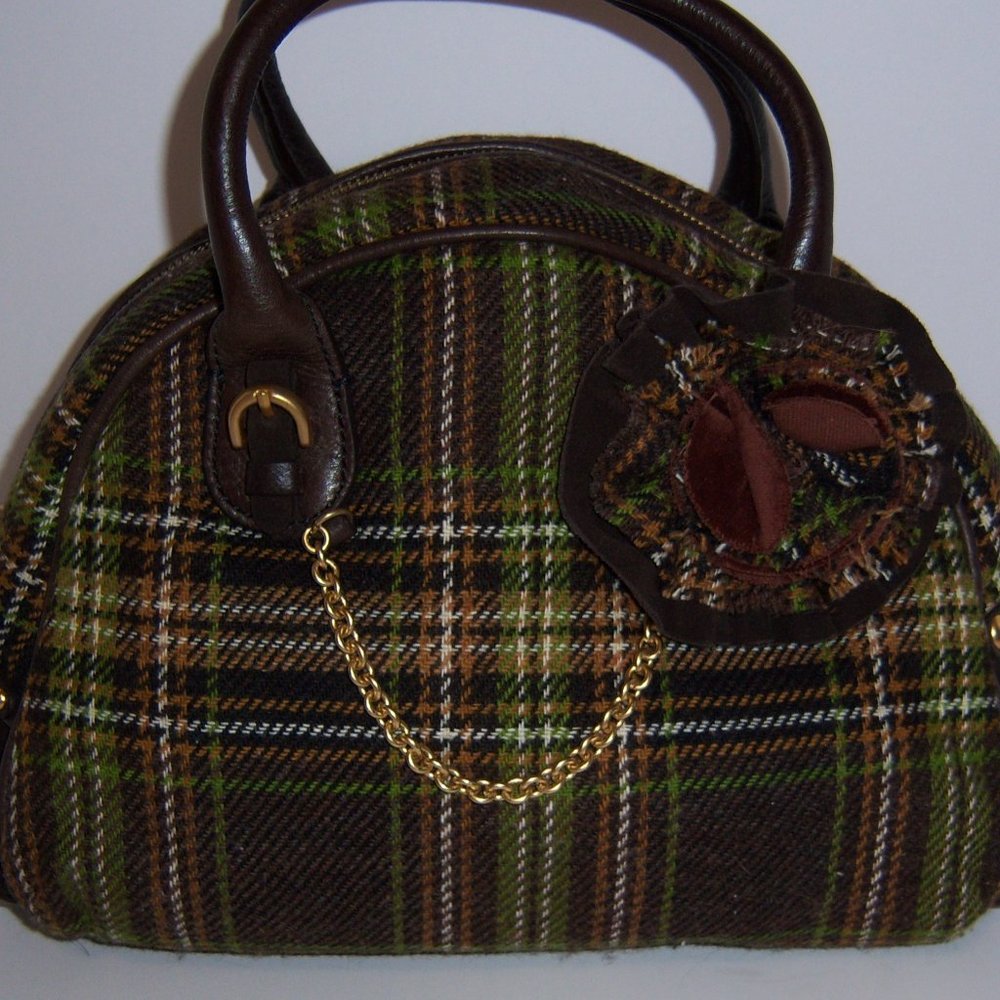 Vintage Juicy Couture Brown Green Tweed Plaid Wool Bowler Bag Y2K Academia - Picture 2 of 9